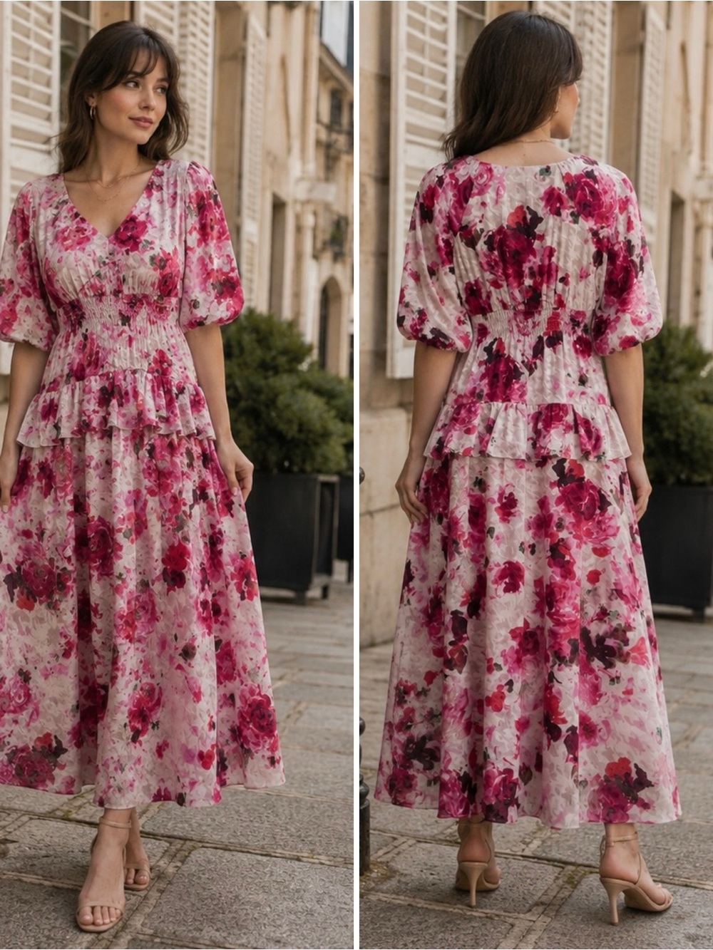 Floral Midi Dress Roses Smocked Waist Feminine Romantic Cottagecore Euro Summer - Picture 16 of 16